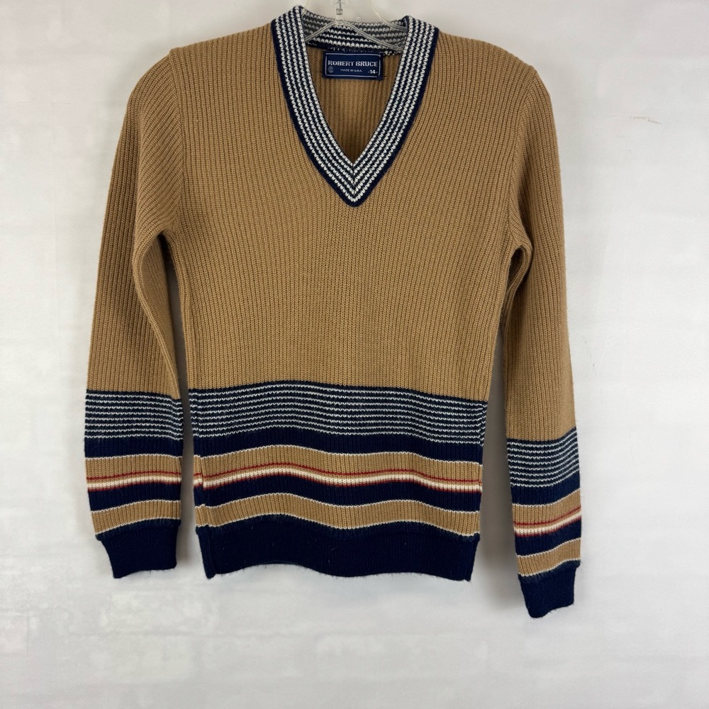 Robert Bruce Vintage USA Union Knit Sweater Tan Blue Striped V‎ Neck Pullover S